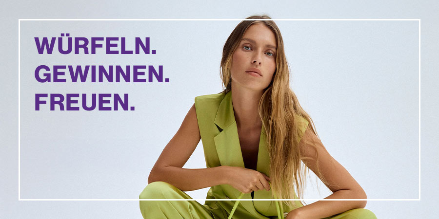 Werbekampagne ‚Glückswochen bei Bantlin‘: Frau in sommerlicher Mode mit Text ‚Würfeln. Gewinnen. Freuen.‘